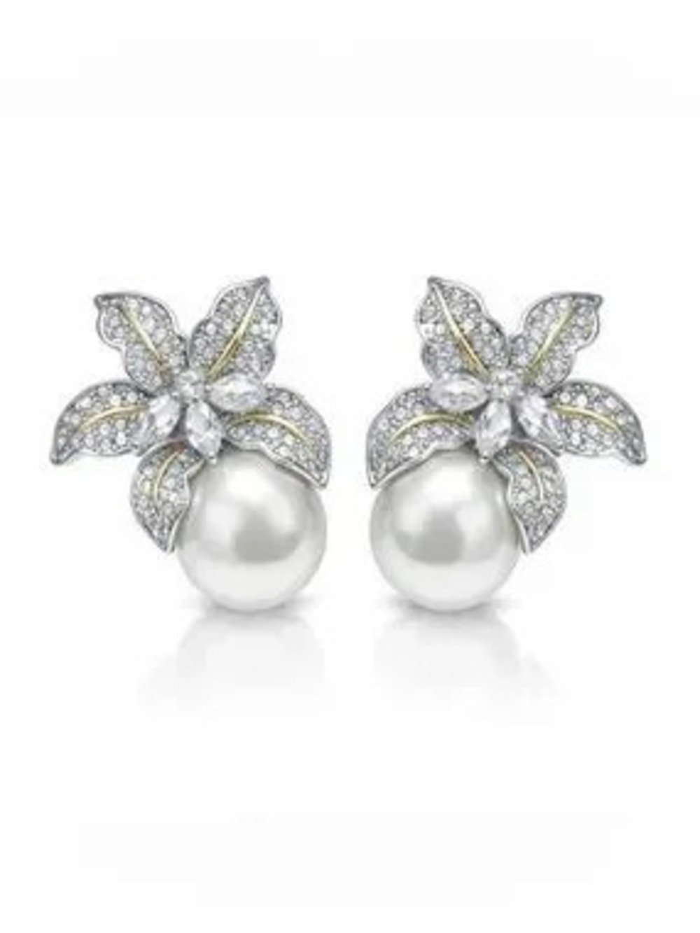 Gold Crystal Floral Pearl Drop Earrings